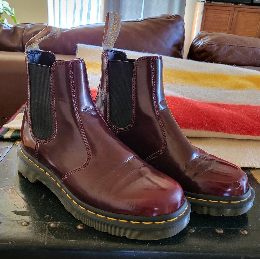 Dr Martens vegan Chelsea boot patent cherry red Cambridge brush 2976 oxblood